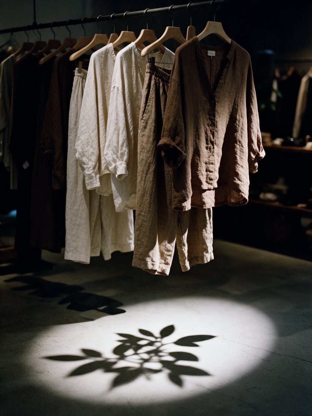 Boutique rack of linen and ceramics in daylight