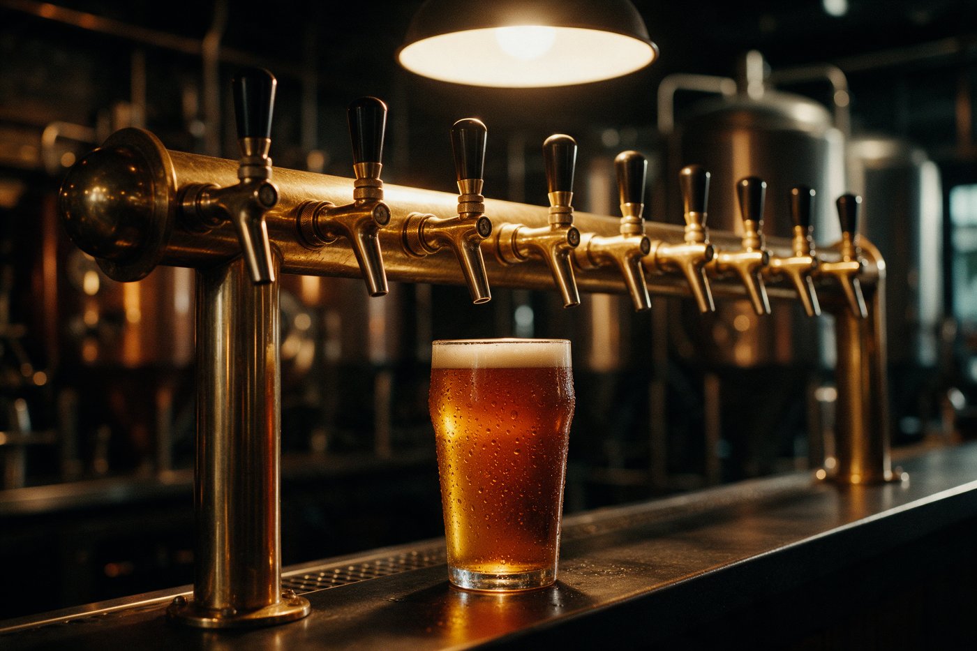 Brewery taps lined up along a timber bar