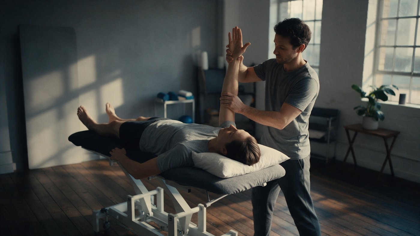 Physiotherapist guiding a shoulder stretch in a low-lit treatment studio