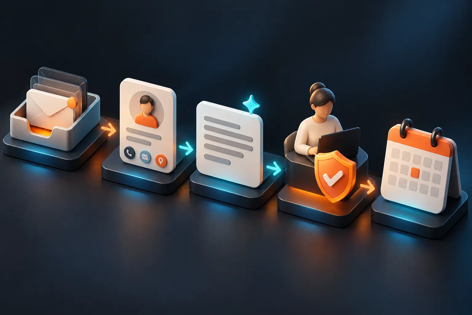 Five-stage 3D enquiry workflow from inbox to booking with a draft and approval step.