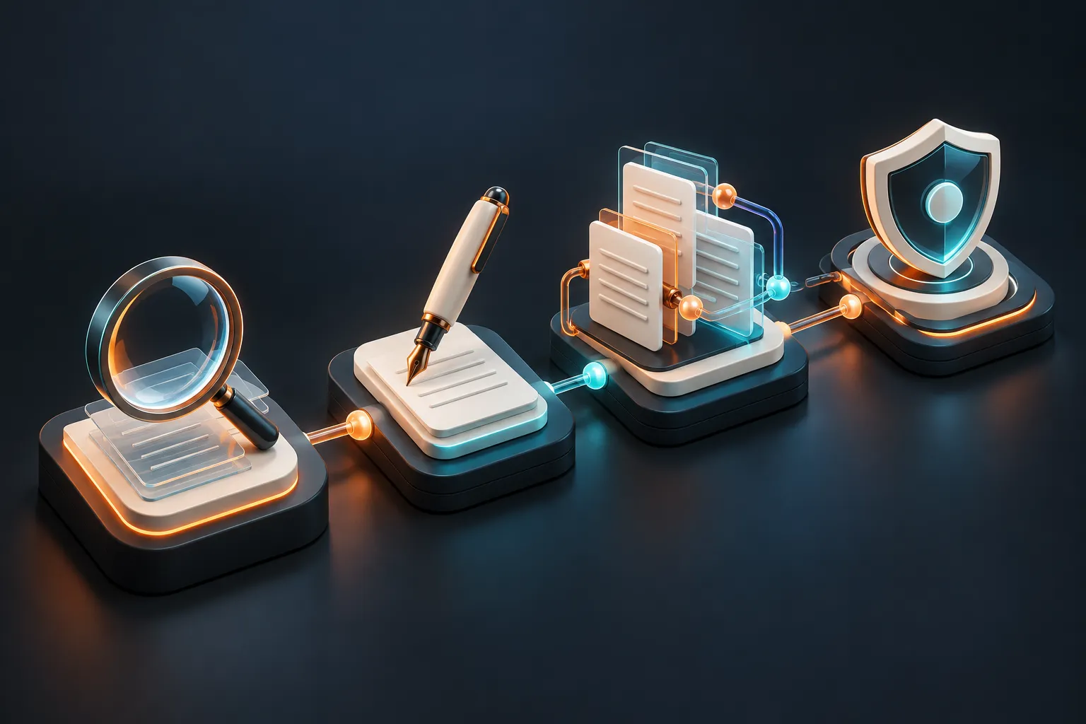 Four 3D evaluation stations for research, writing, integrations and data controls.