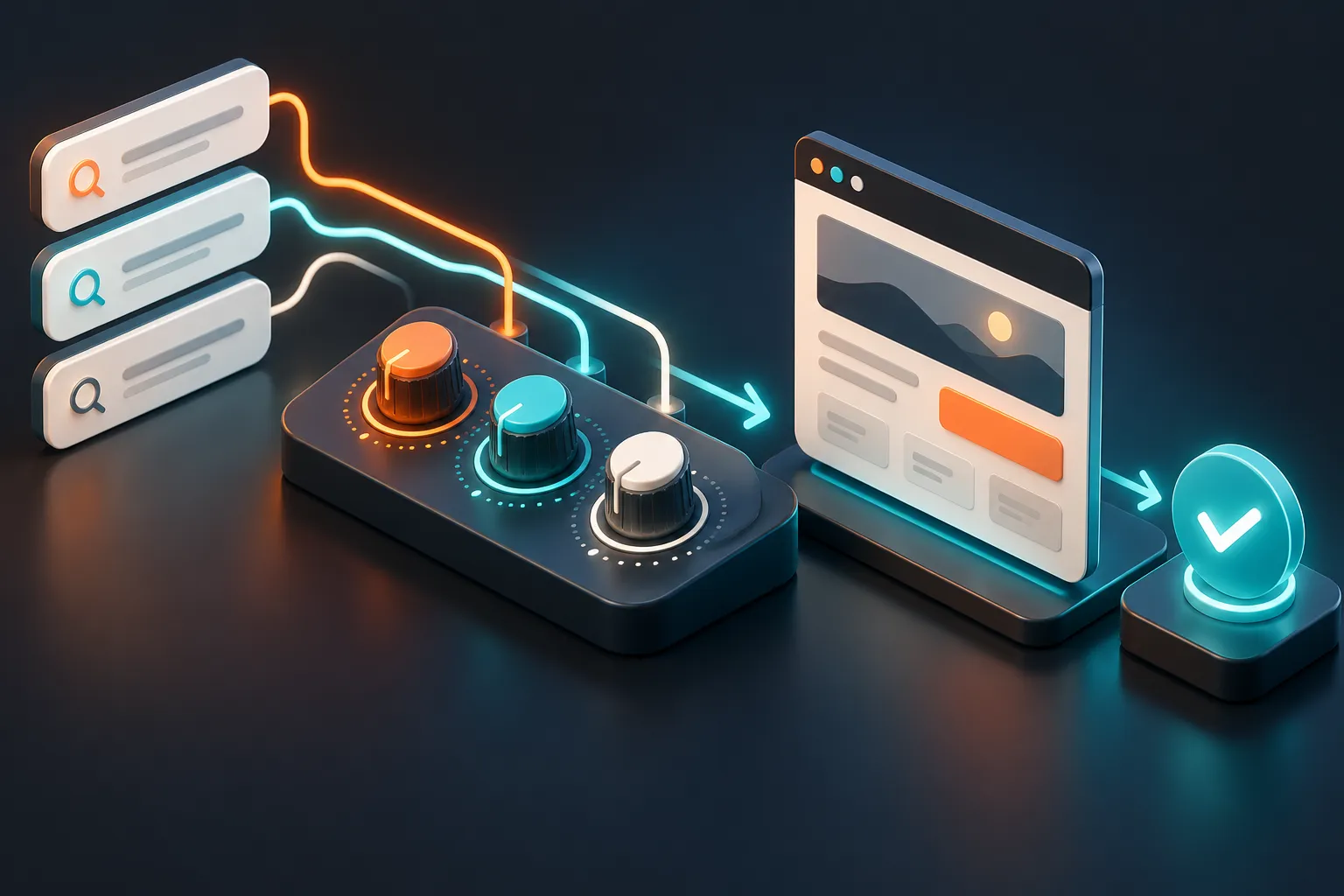 3D control board connecting search queries, a landing page and a conversion.