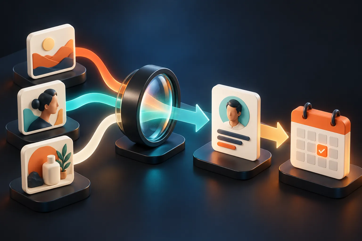 3D creative concepts moving through testing to a lead and completed booking.