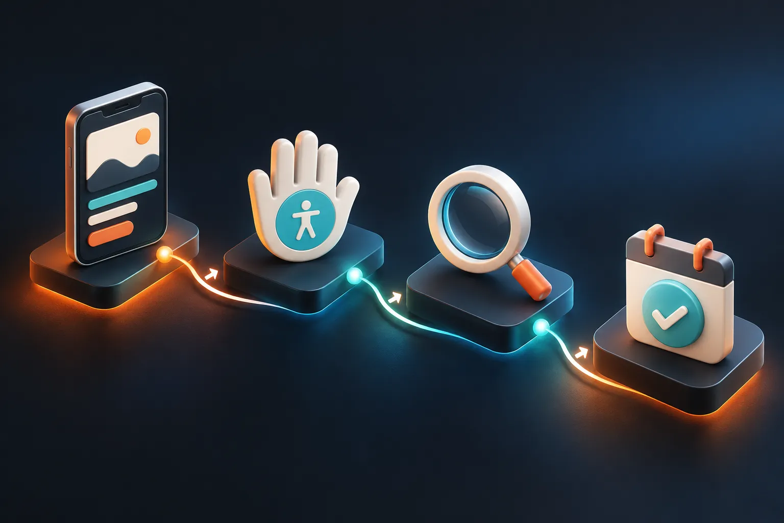 3D website review path with mobile, accessibility, search and booking symbols.
