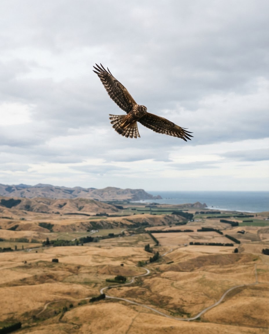 A kāhu, the New Zealand swamp harrier, soaring above Canterbury paddocks and the coast