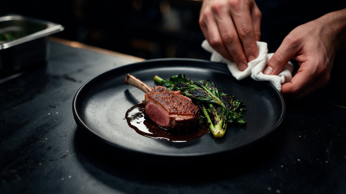 Generated hero shot of a seared lamb dish on the kitchen pass