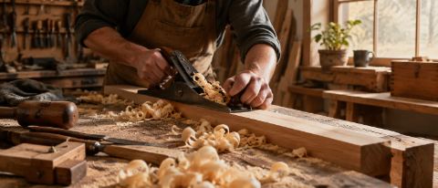 Joiner at work in a timber workshop