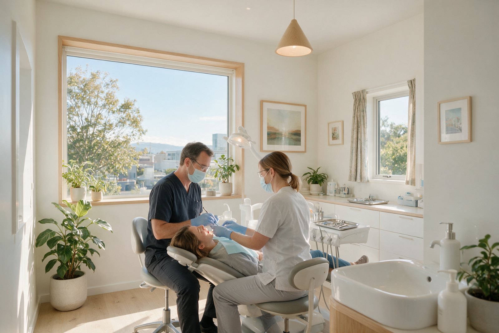 Dentist and assistant with a relaxed patient in a bright treatment room