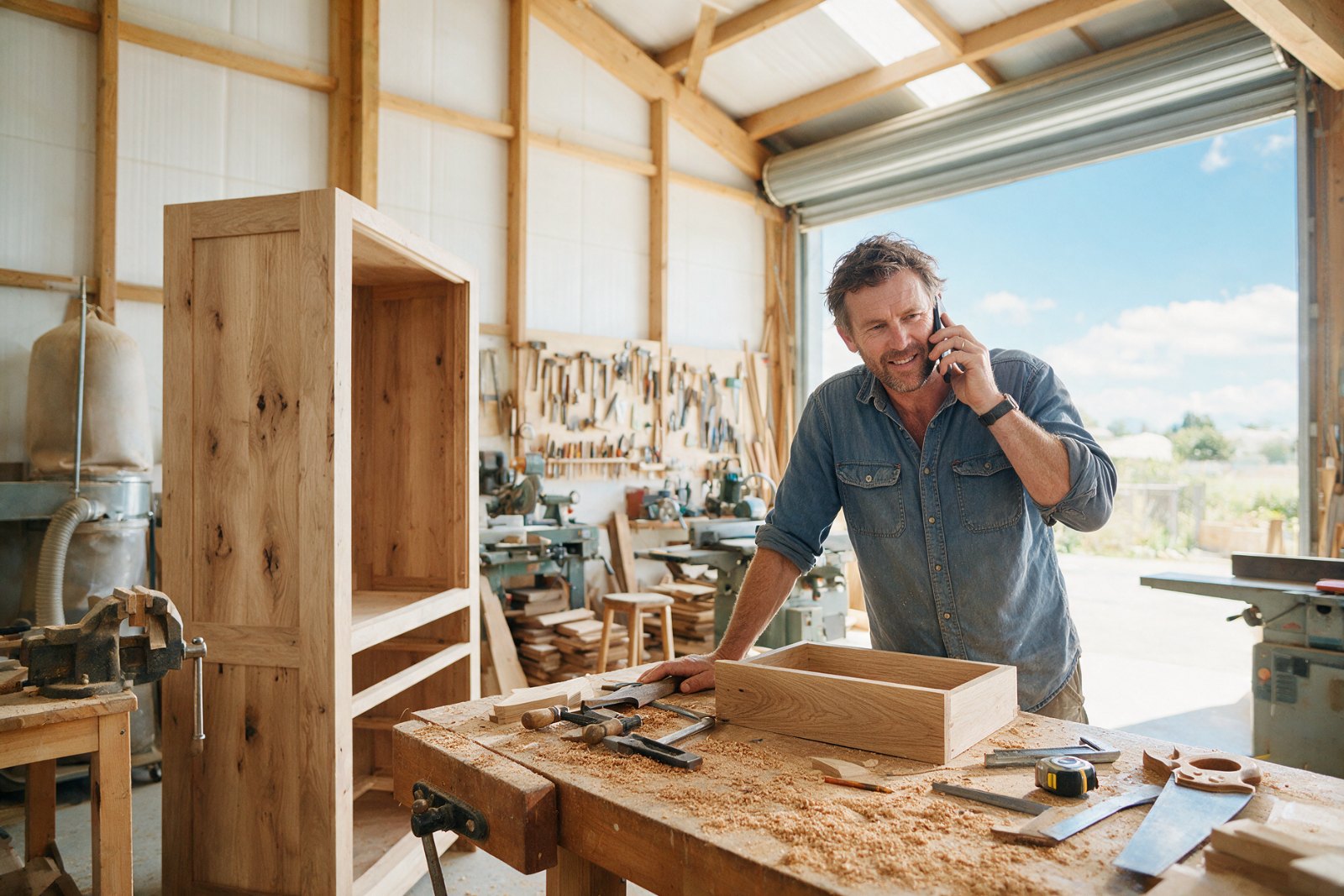 Joiner at a workbench in a timber workshop