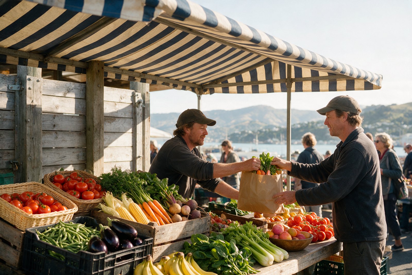 Market stall stacked with fresh produce
