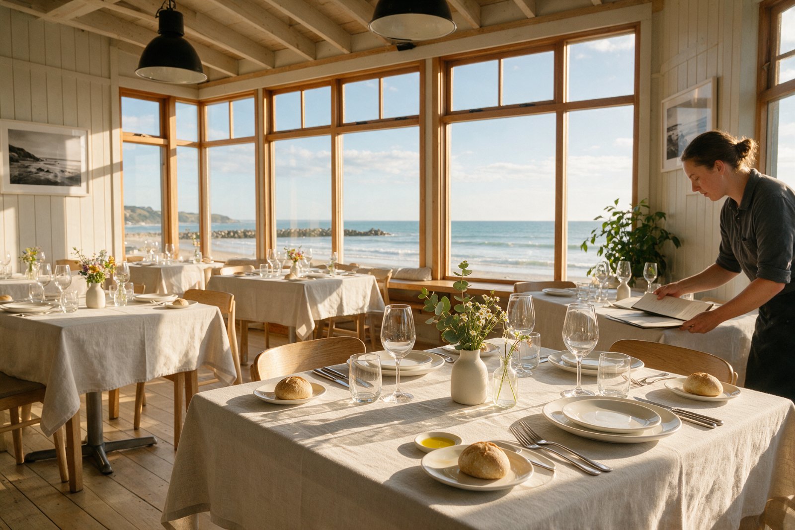 Restaurant dining room set for dinner with sea views