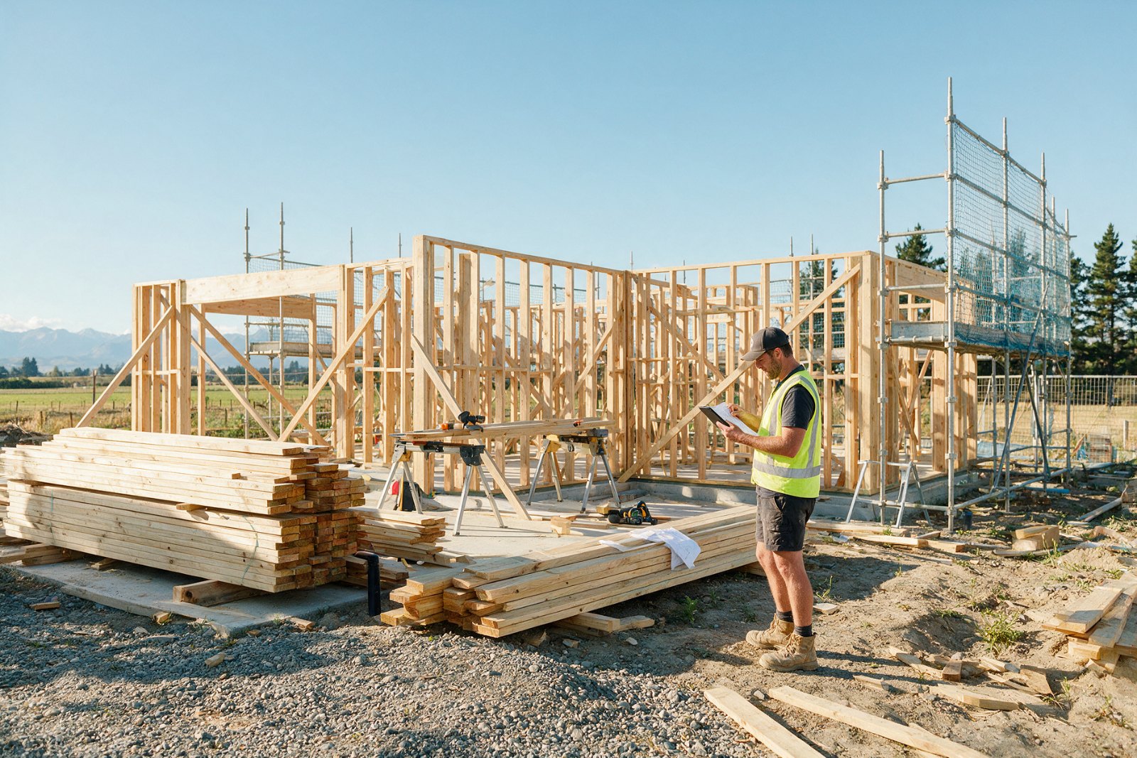 Builder reviewing plans on a tablet at a timber-framed house build