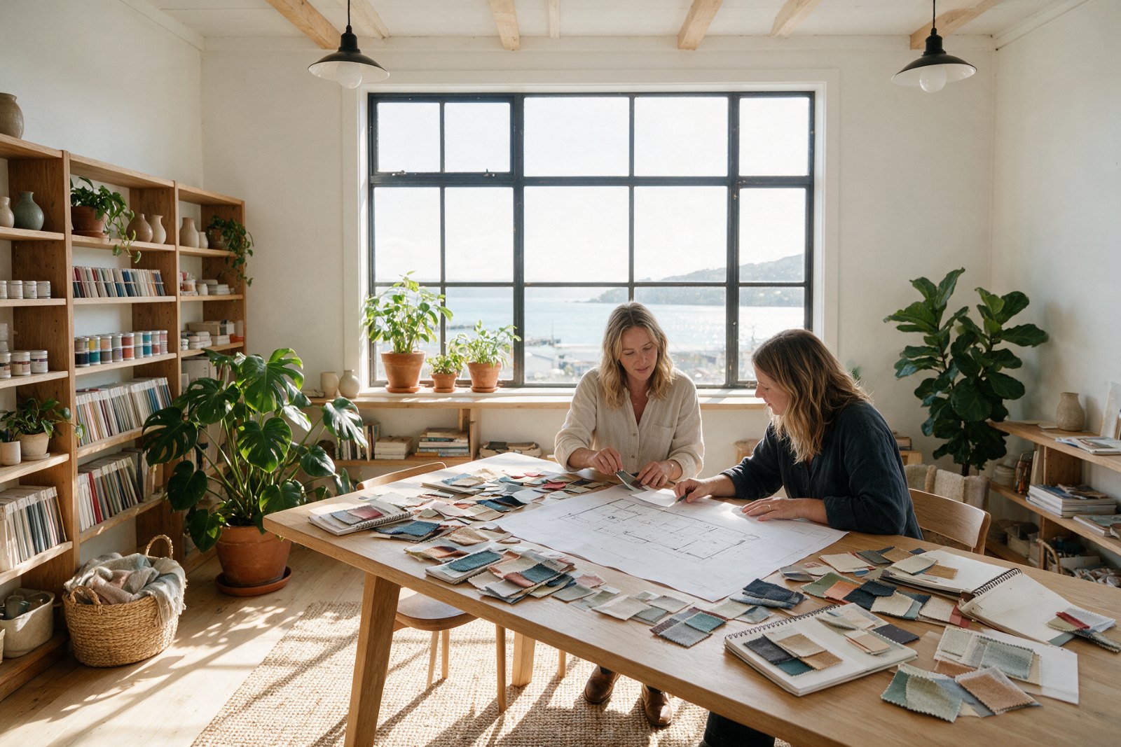Two colleagues working at a shared desk in a bright studio