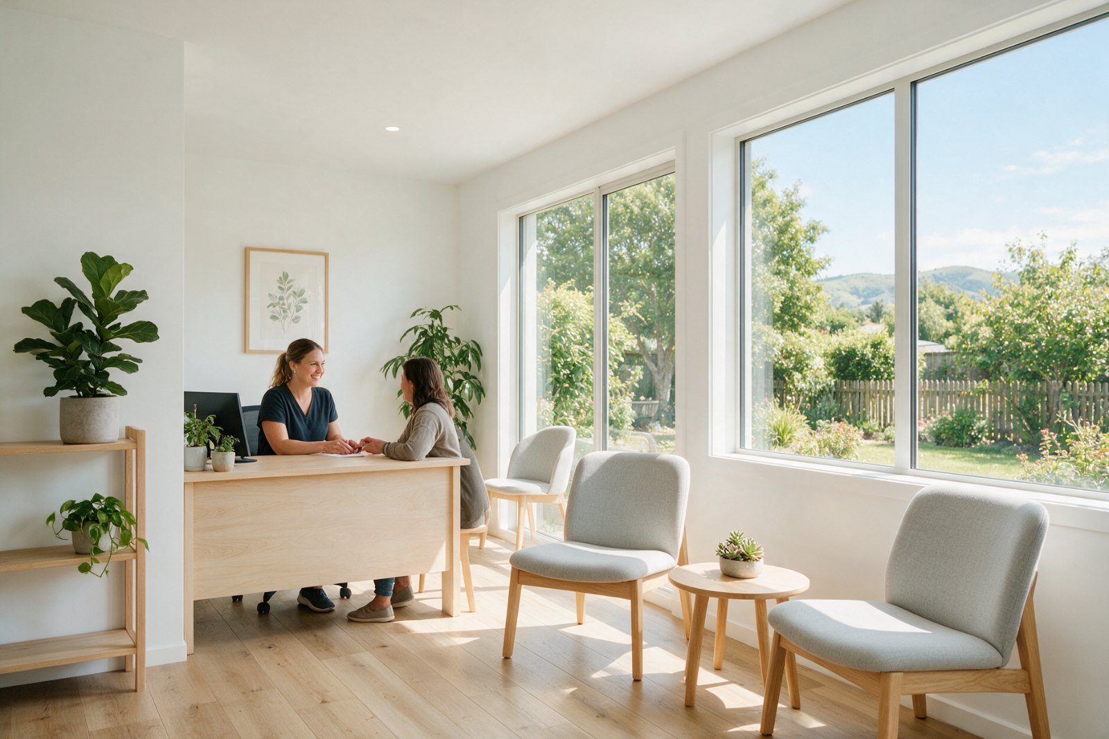 Receptionist greeting a patient at a bright clinic desk