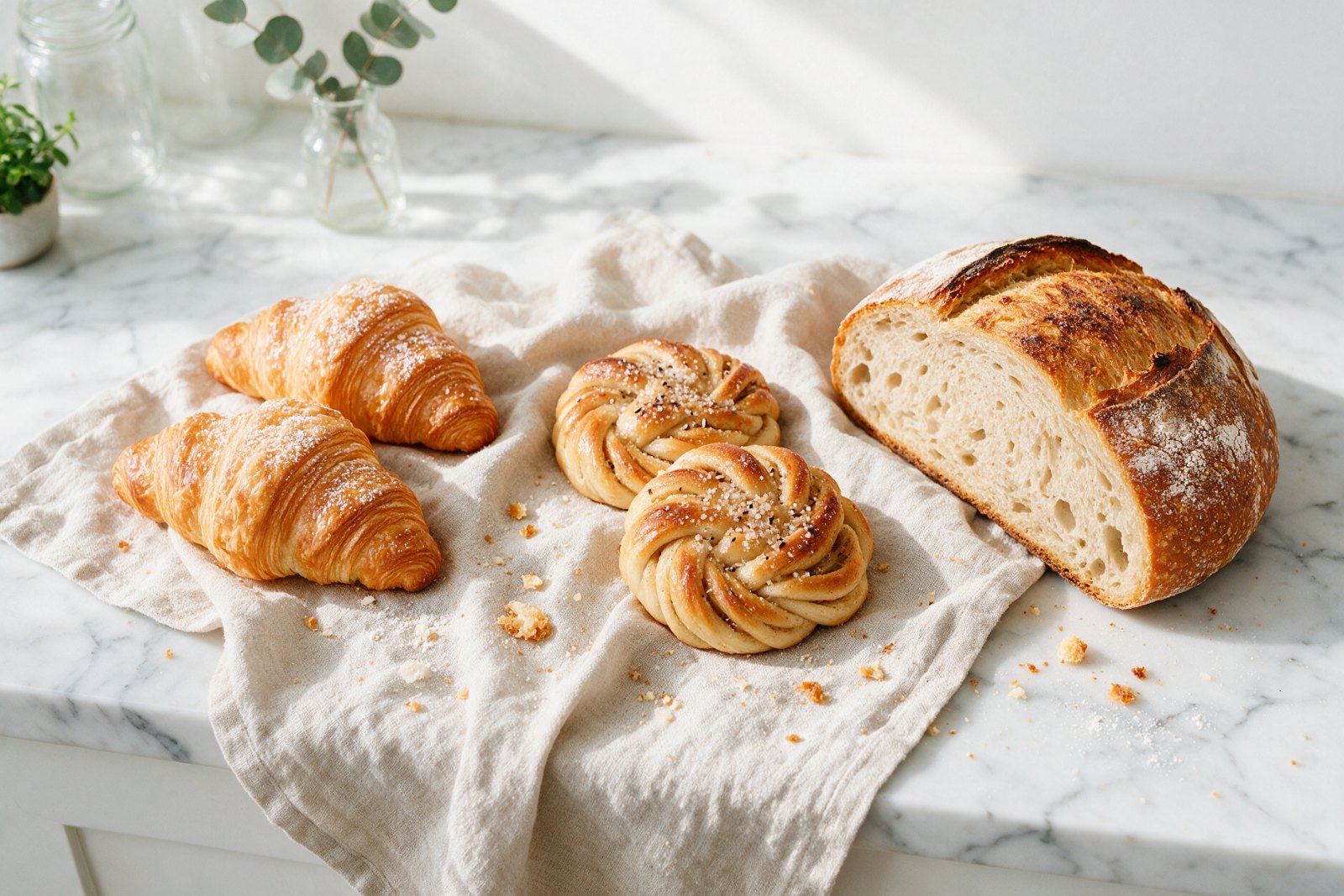 Overhead flat lay of pastries on a marble counter