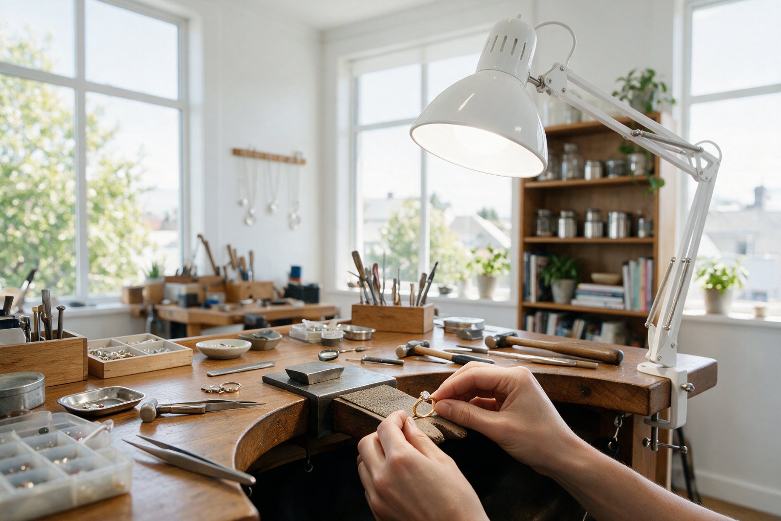 Hands setting a stone into a gold ring at a bright bench