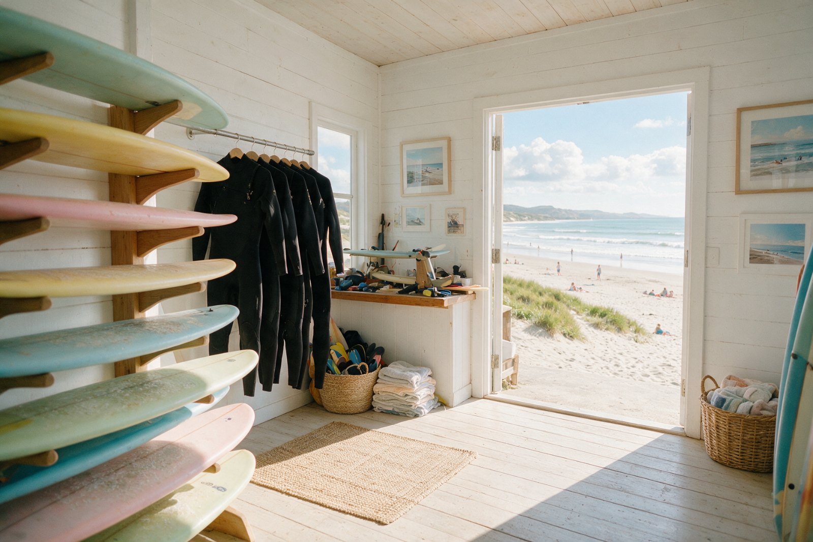 Rack of pastel surfboards with the beach through an open door