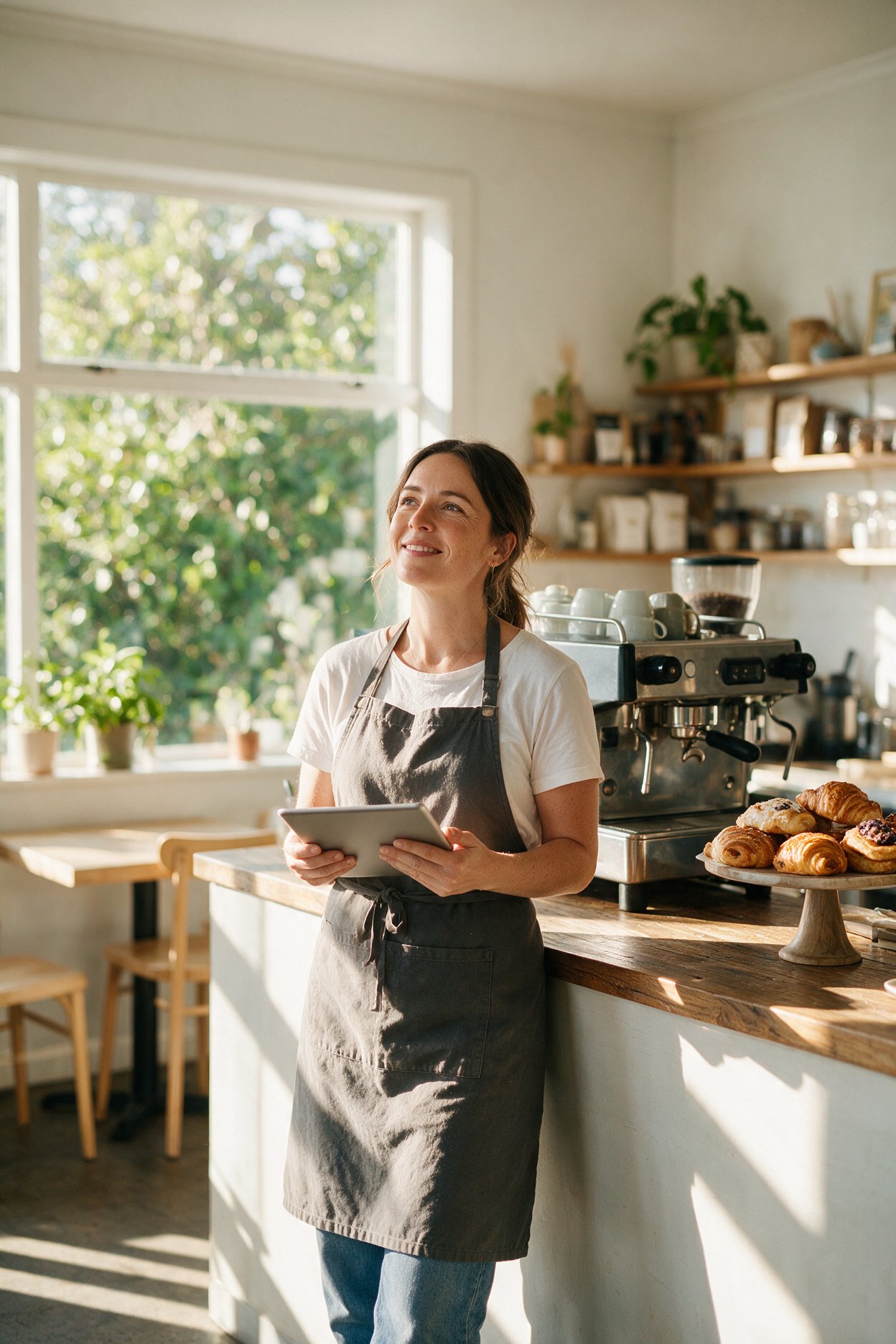 Café owner holding a tablet at her counter in morning light