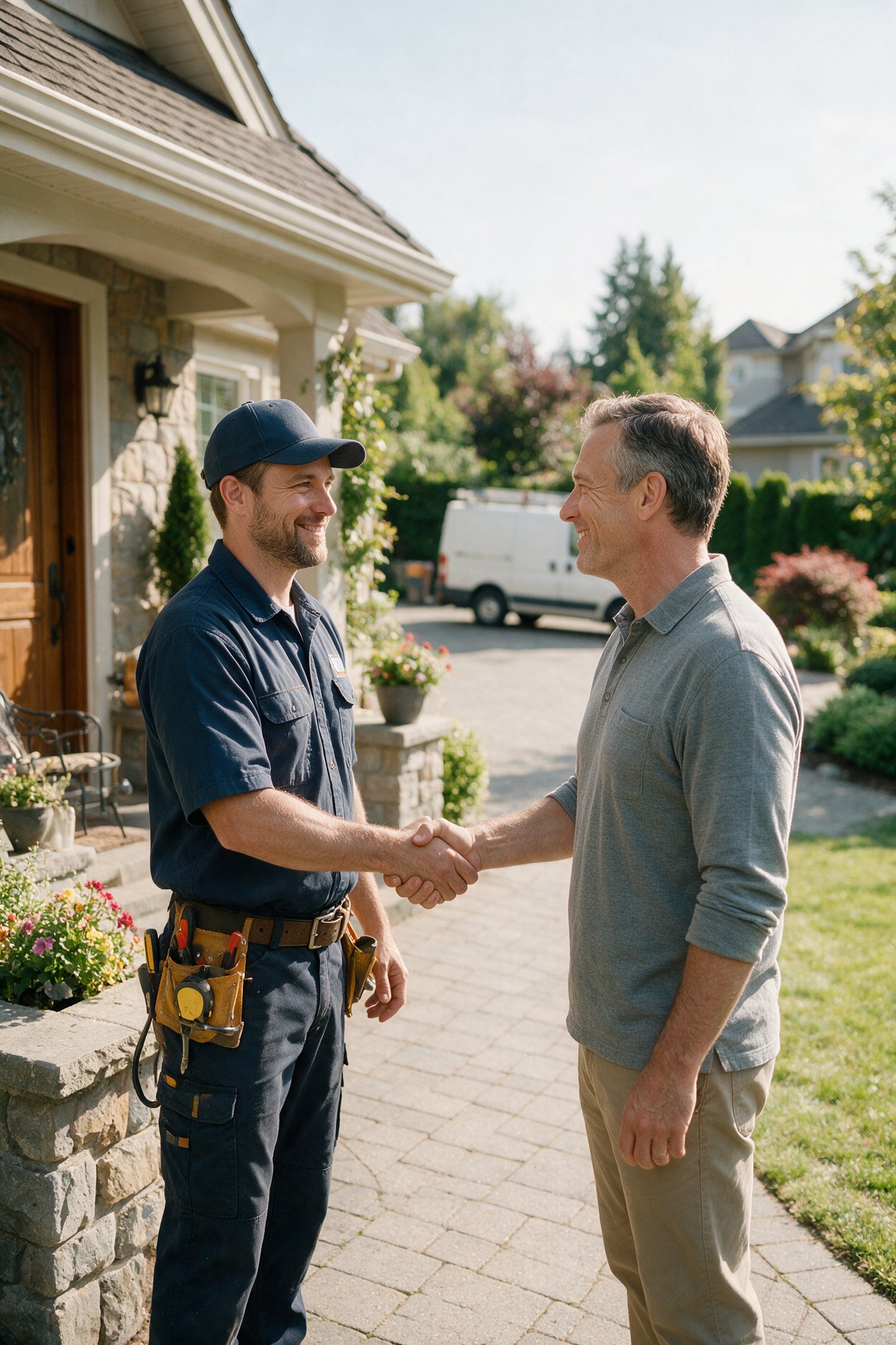 Electrician shaking hands with a homeowner at the front door