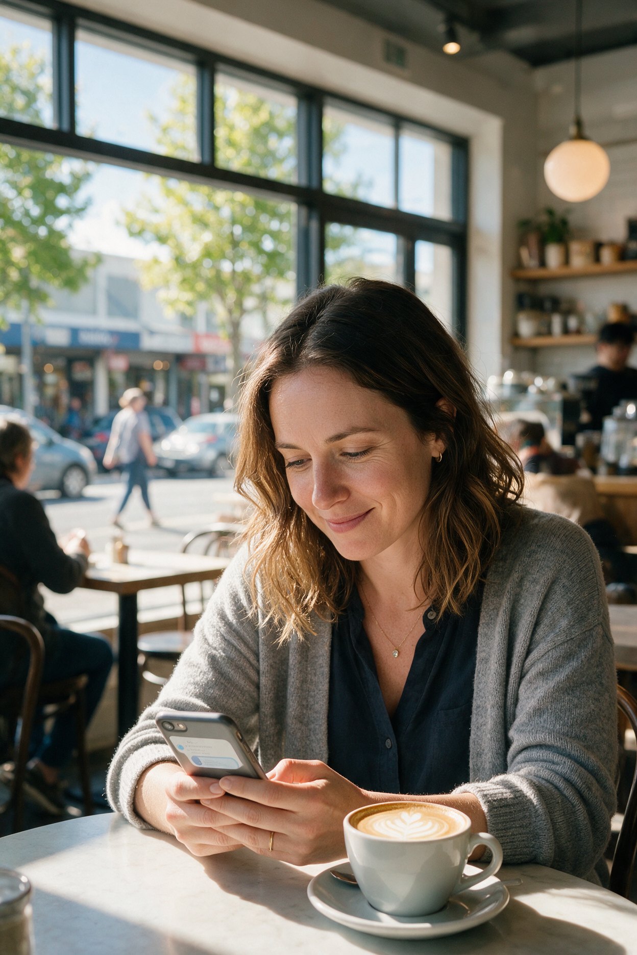 Woman at a café table reading a message on her phone