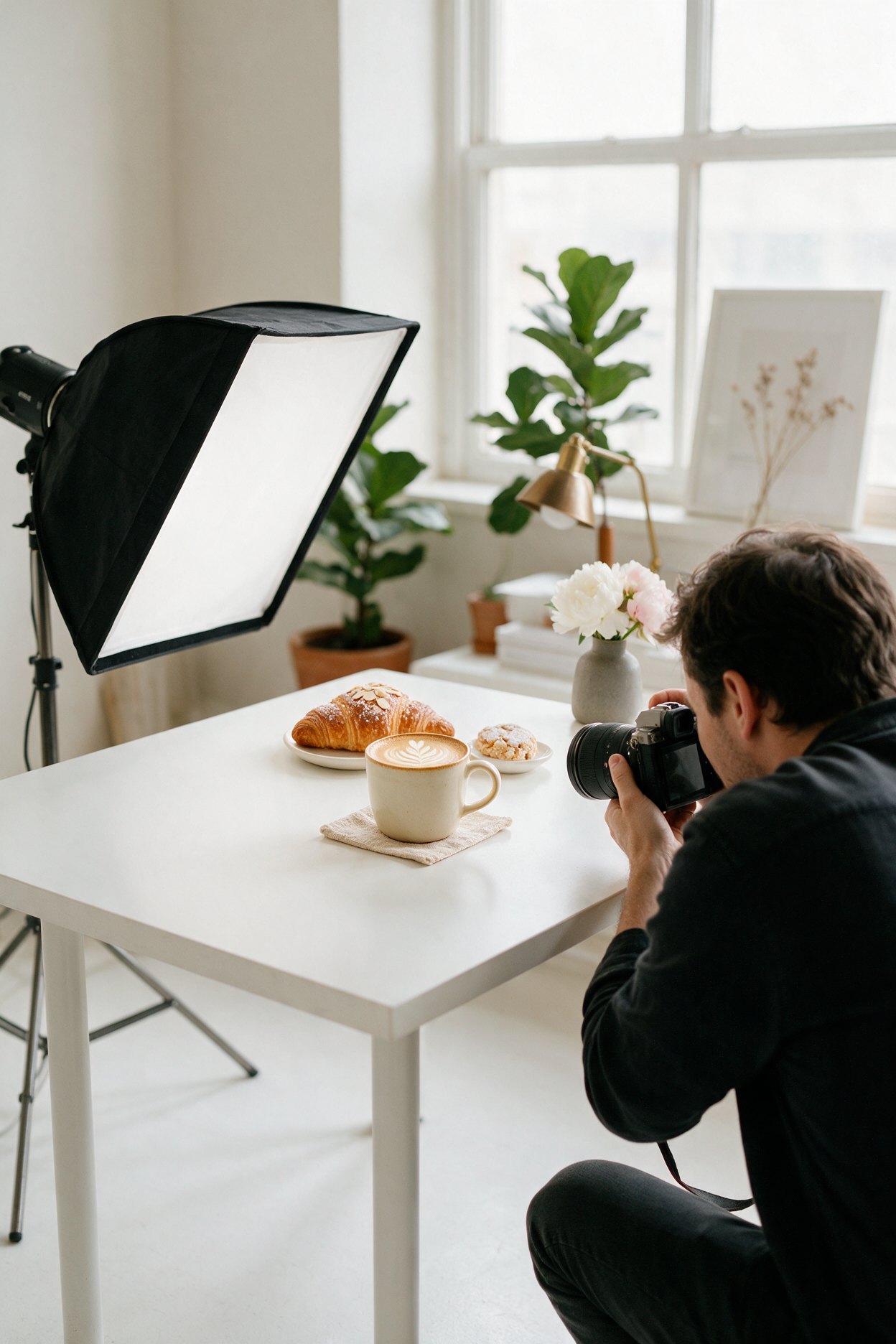Photographer shooting a ceramic mug in a bright studio