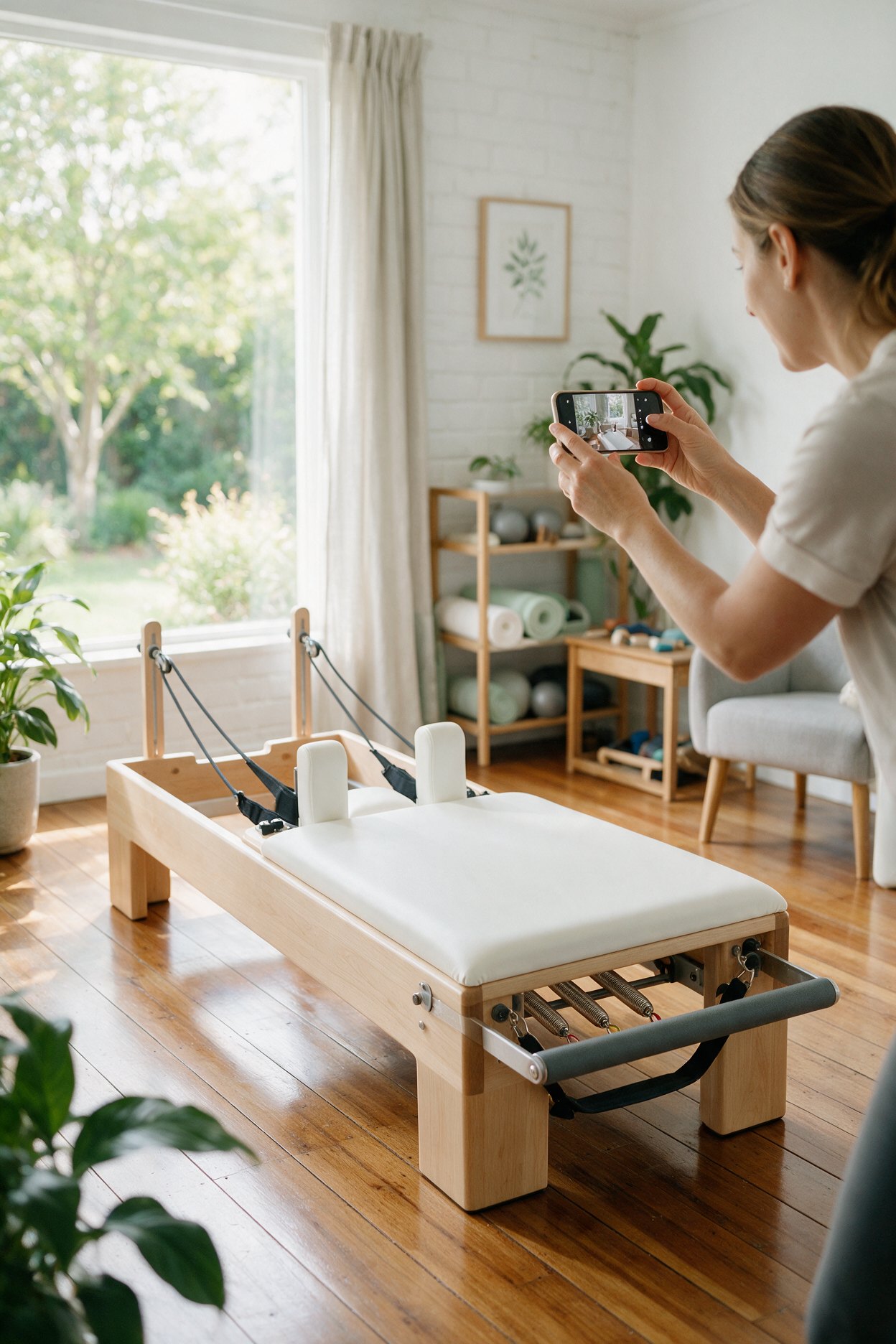 Physiotherapist photographing a reformer for her website