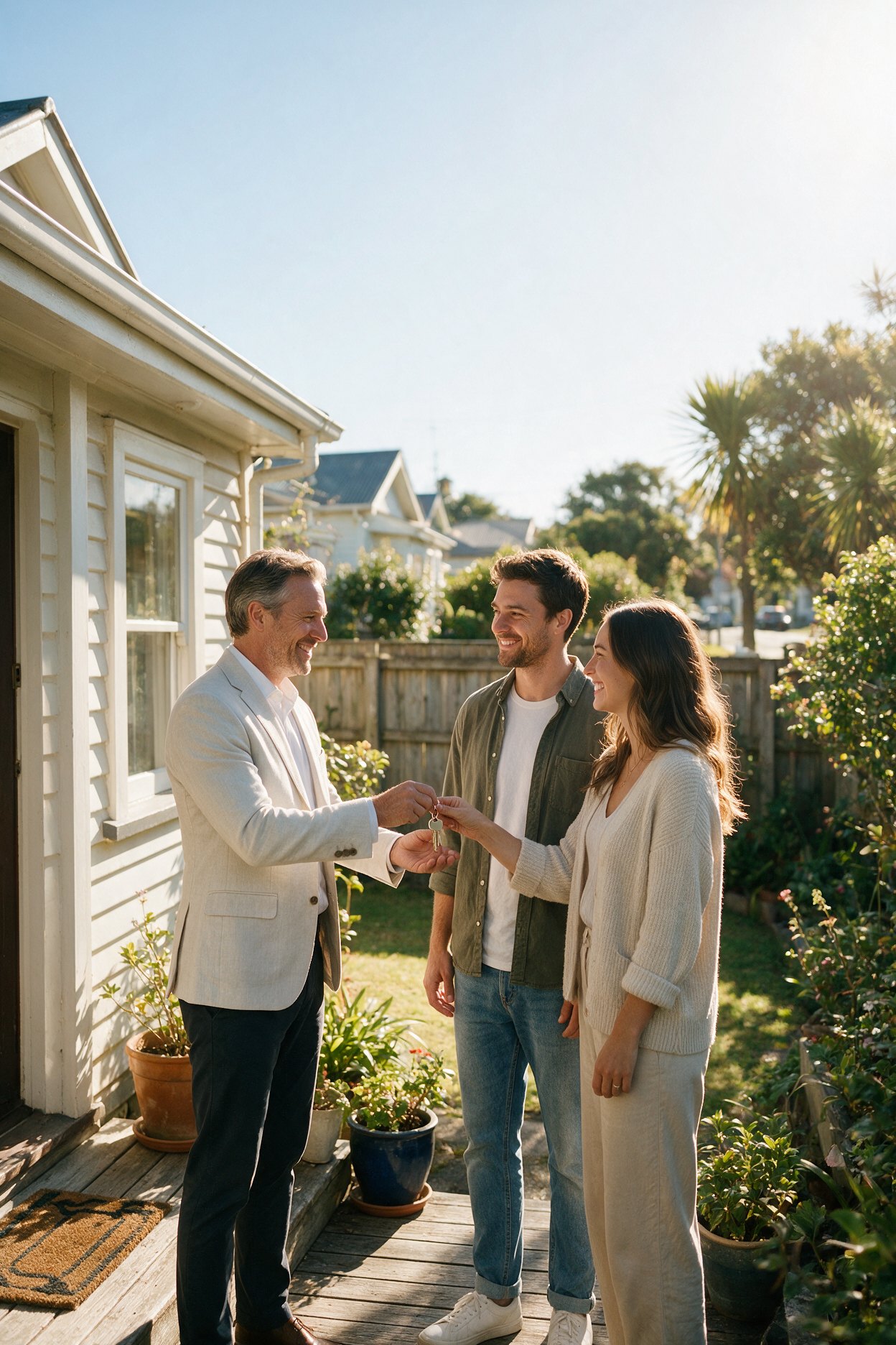Agent handing house keys to a couple on a villa step