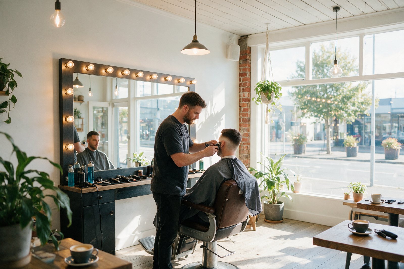 Barber finishing a fade in a sunlit shop