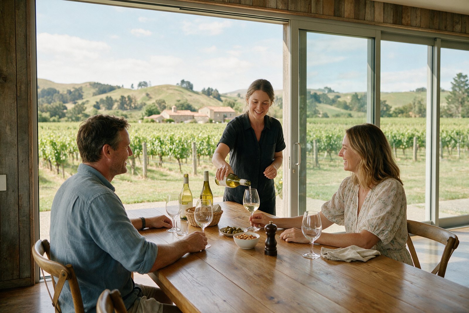 Host pouring wine for guests at a cellar door with vineyard views