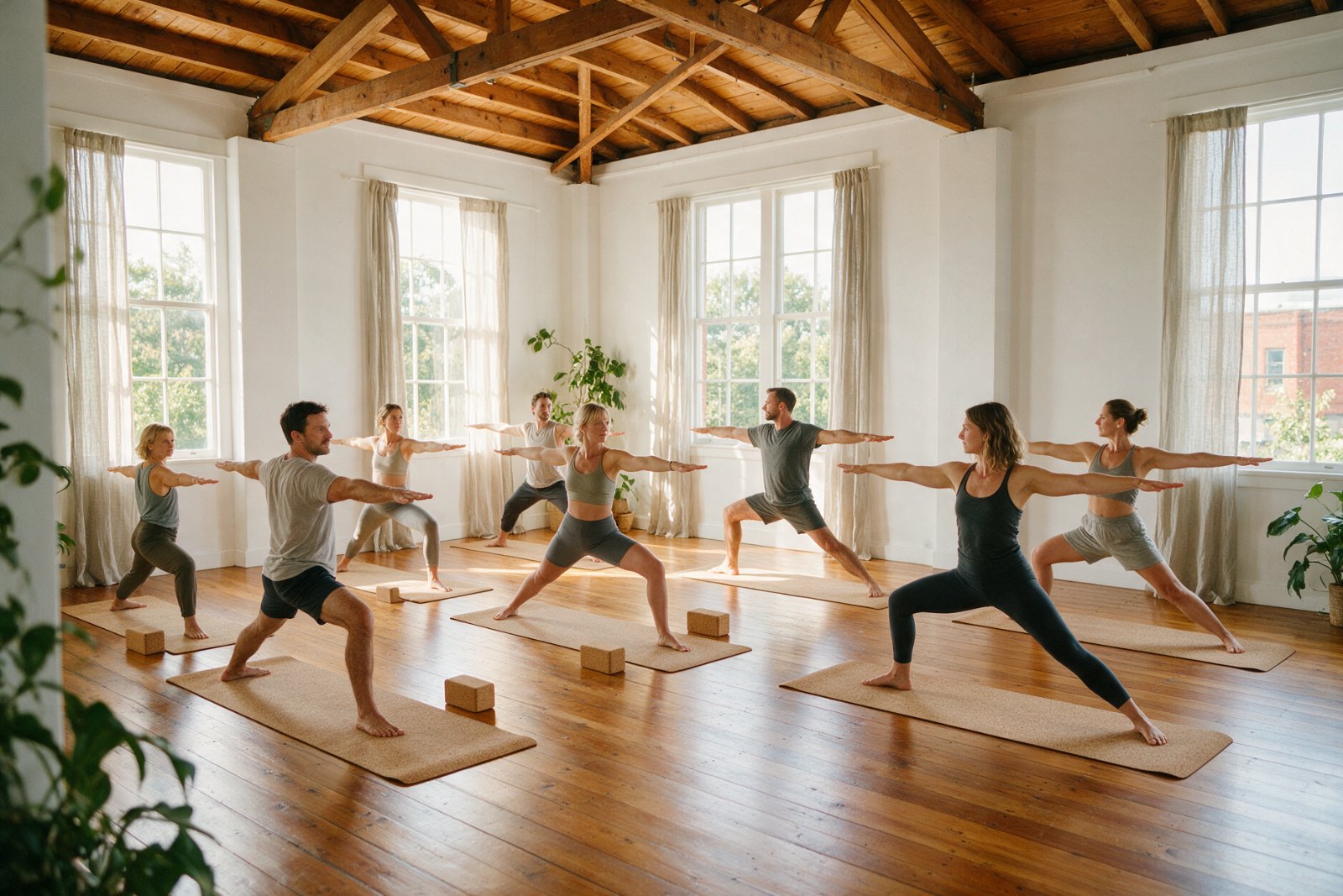 Yoga class in warrior pose in a bright timber studio