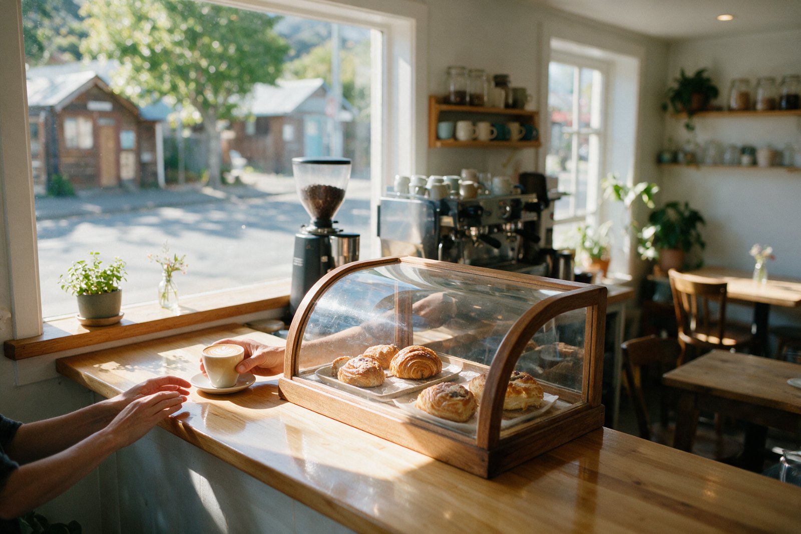 Barista sliding a flat white across a timber counter in morning light