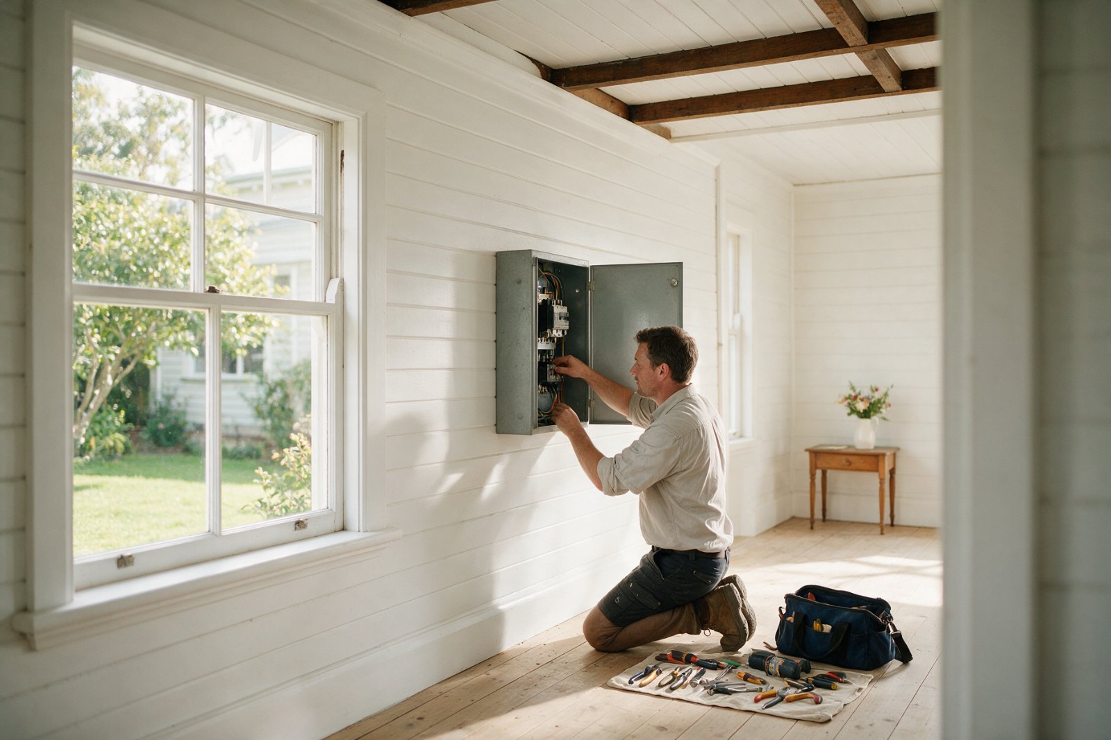 Electrician working at an open switchboard in a renovated villa