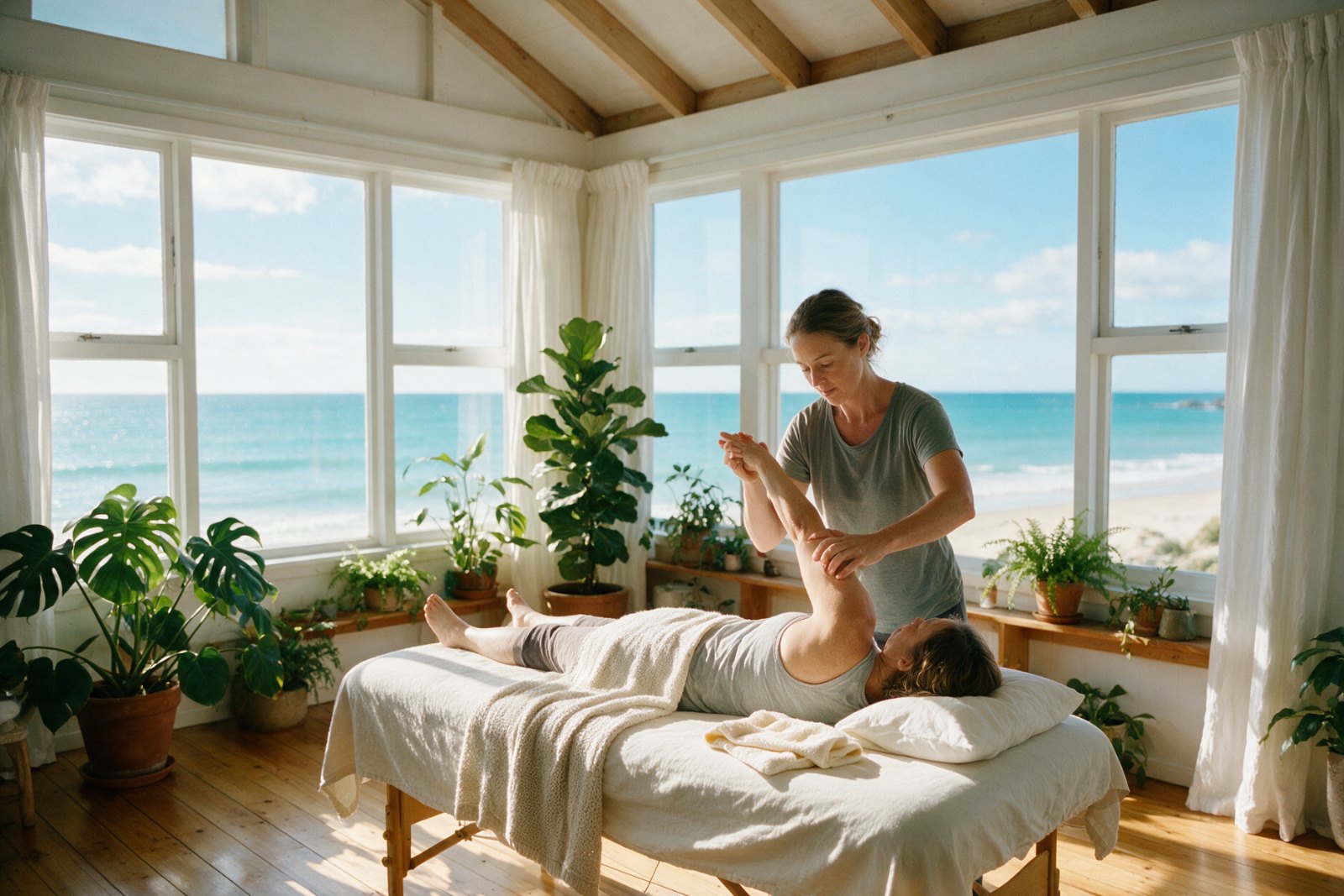 Physiotherapist treating a patient in a sunlit studio by the sea