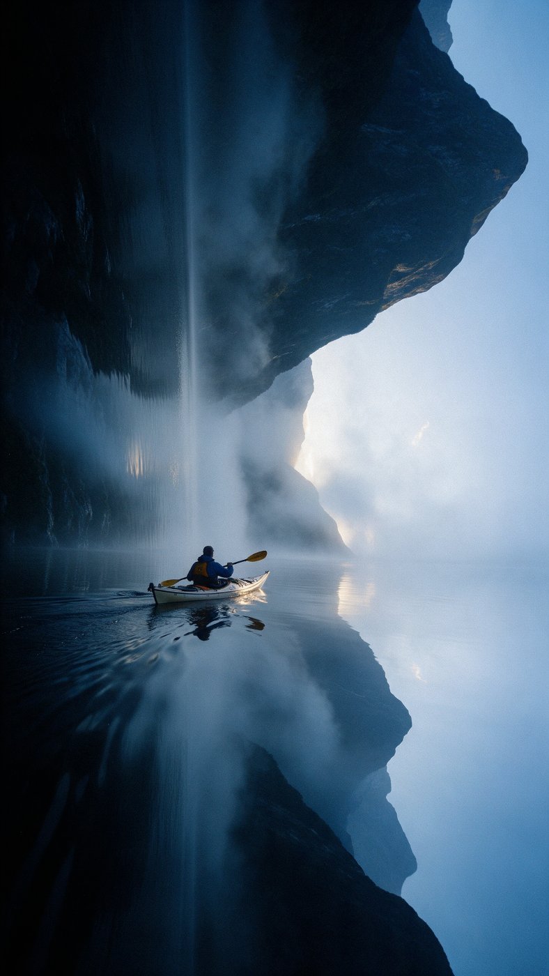 Kayakers paddling on a fjord at dawn