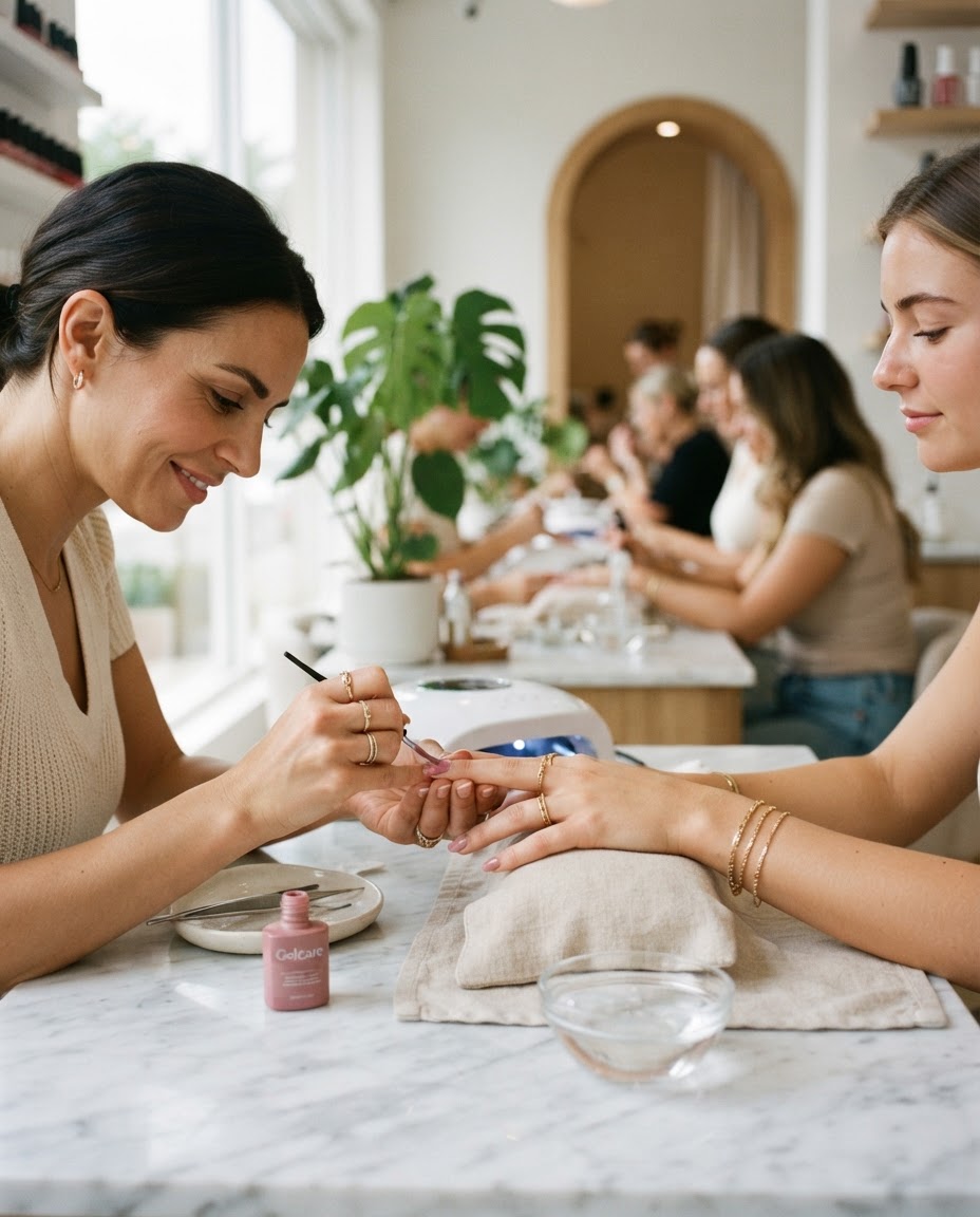 Nail technician at a marble station