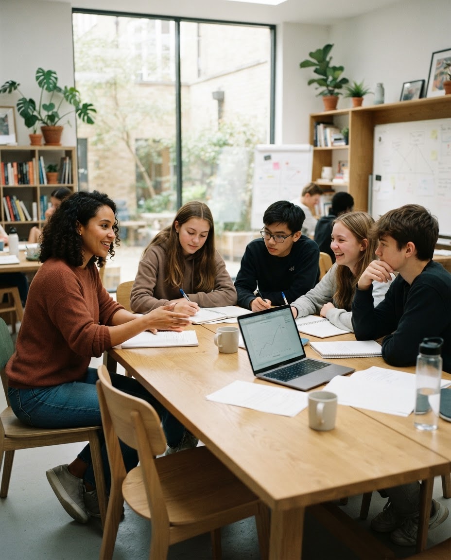 Tutor teaching a small group of students