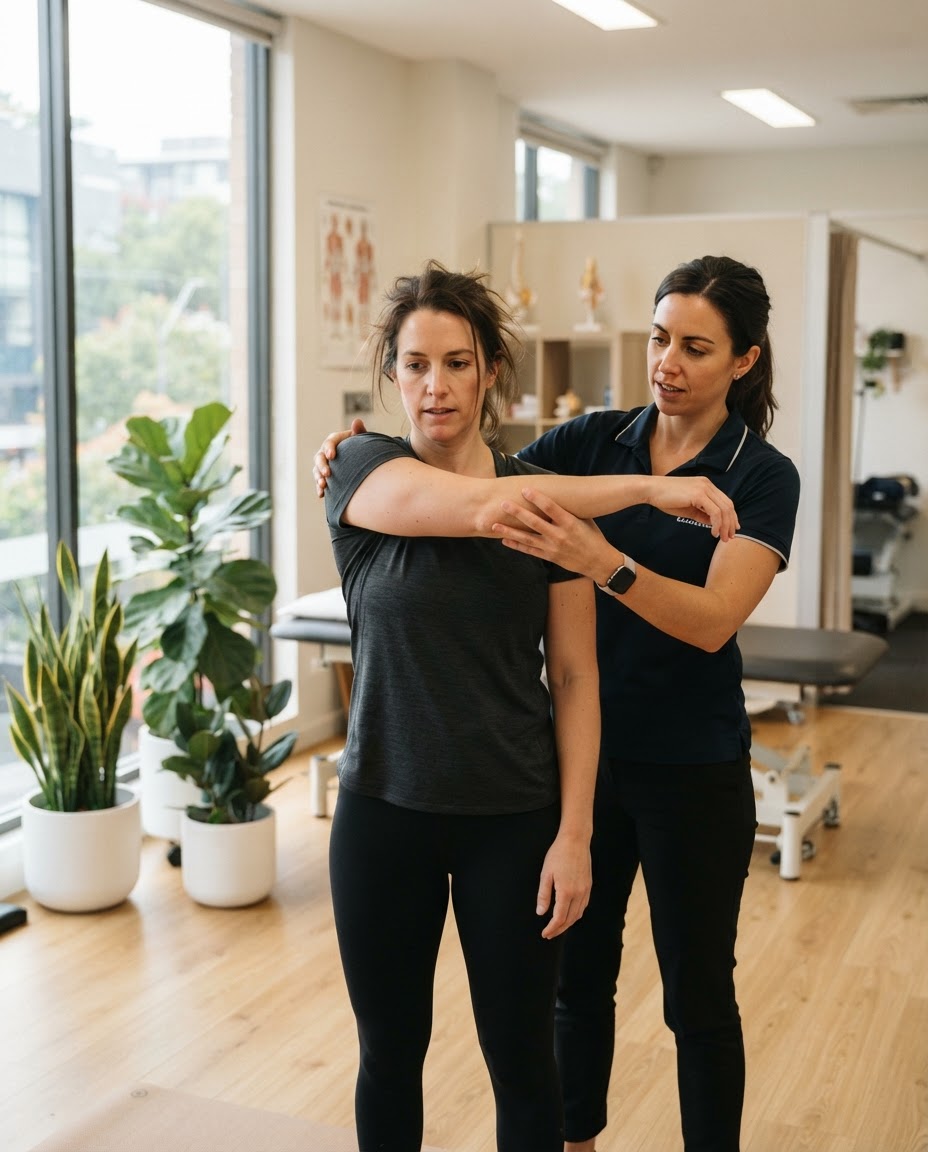 Physio guiding a patient through a stretch