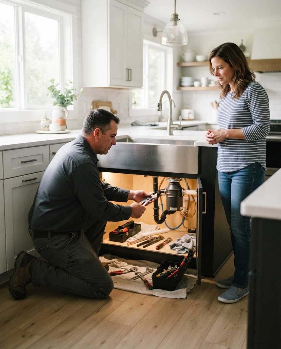 Plumber working under a kitchen sink