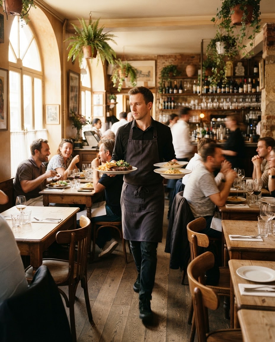 Waiter carrying plates through a bistro