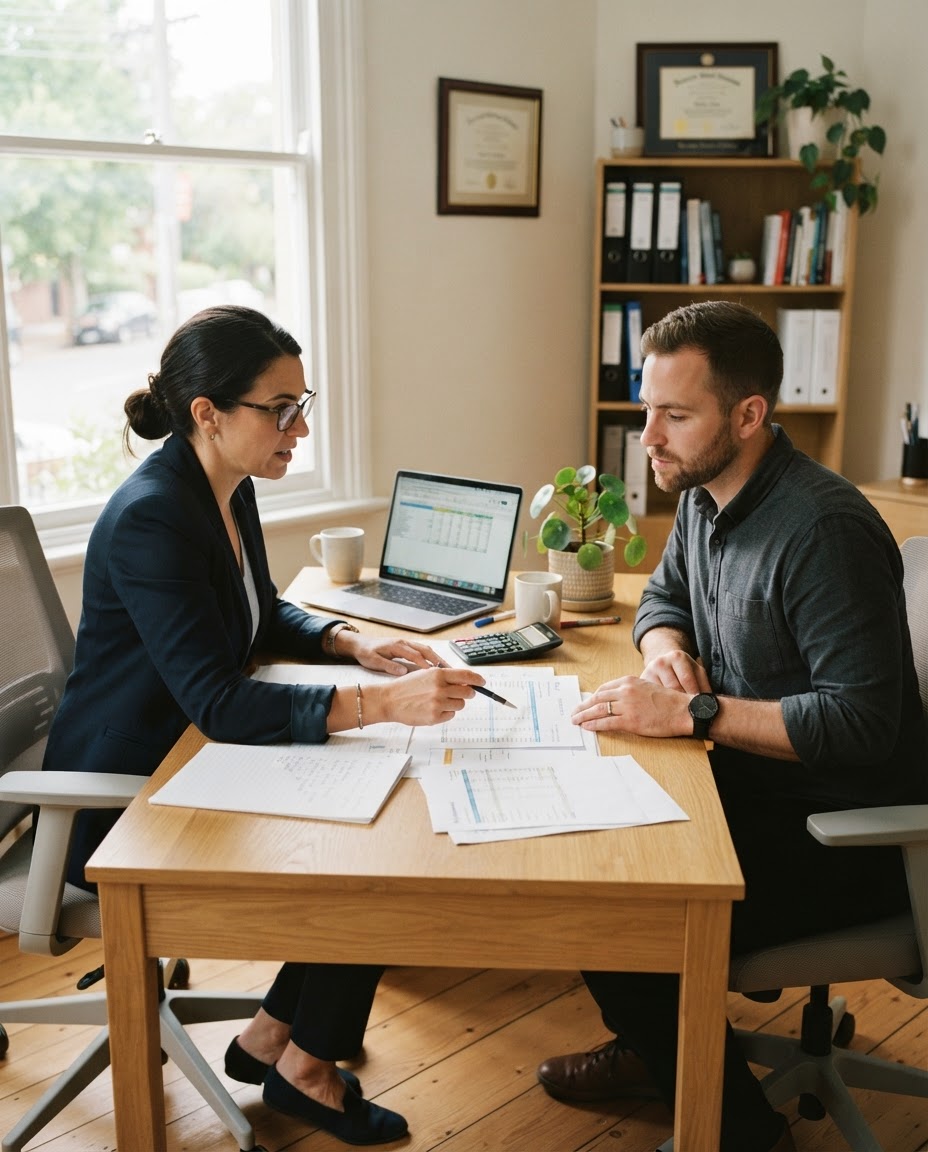 Accountant with a client at an oak desk