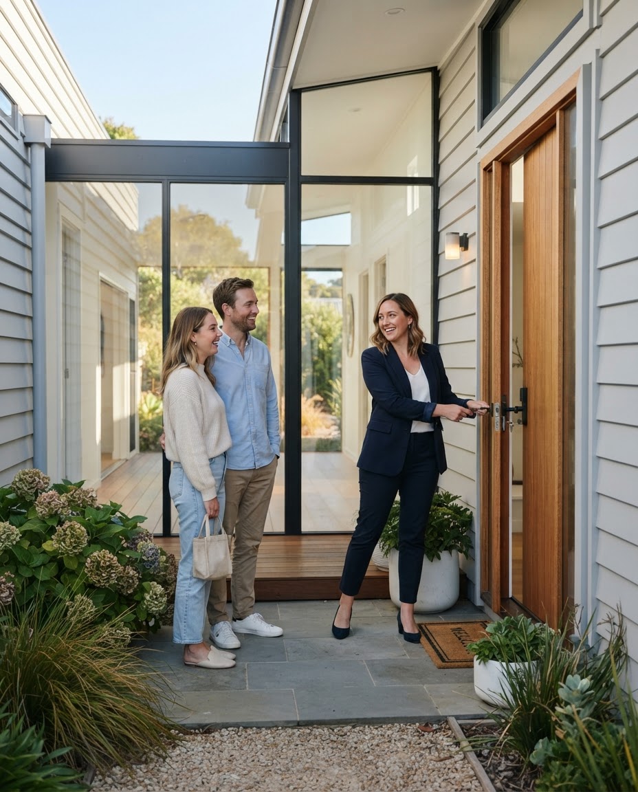 Agent opening a coastal home for buyers