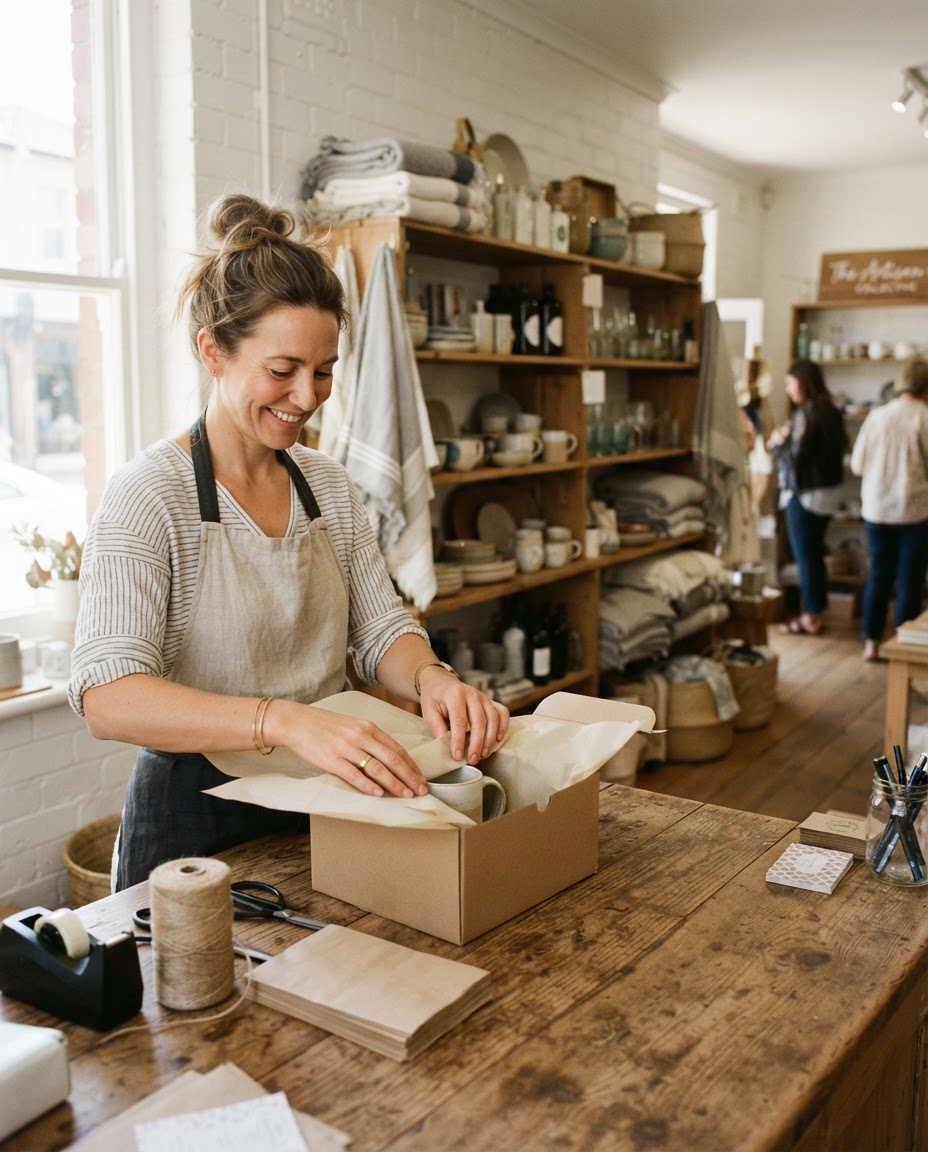 Boutique owner packing an online order