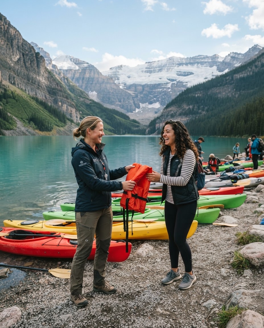 Guide handing a life jacket beside kayaks